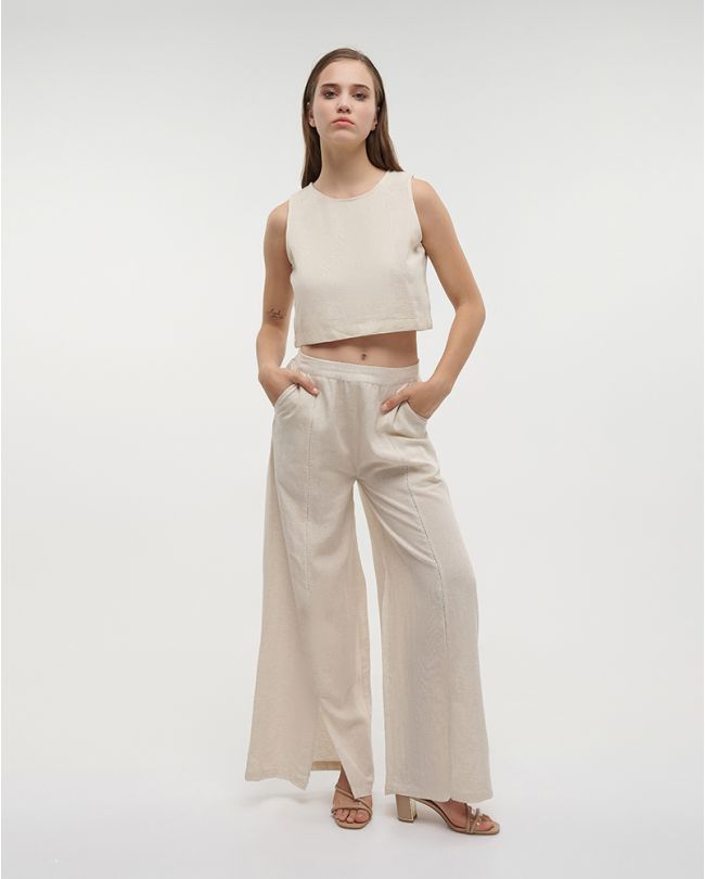 CROP SLEEVELESS TOP IN ECRU COLOR L/XL (100%COTTON FLEX LINEN)