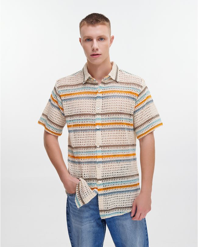 SHIRT IN ECRU COLOR WITH COLORFUL STRIPES L/XL (100% COTTON ΝΕΤ)