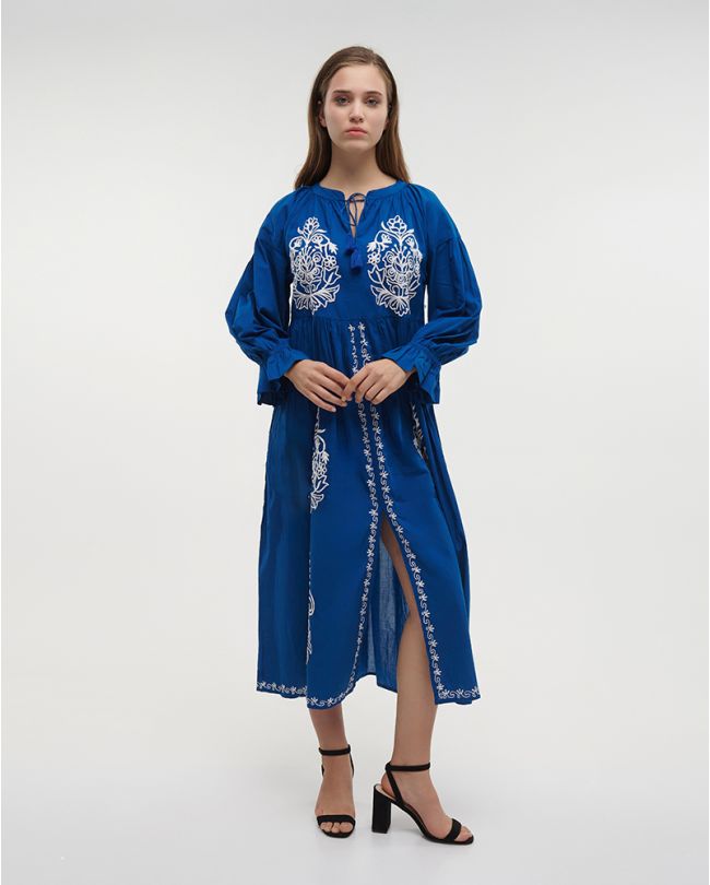 LONG DRESS WITH LONG SLEEVES IN BLUE COLOR WITH WHITE EMBROIDERY DETAILS M/L (100% COTTON)