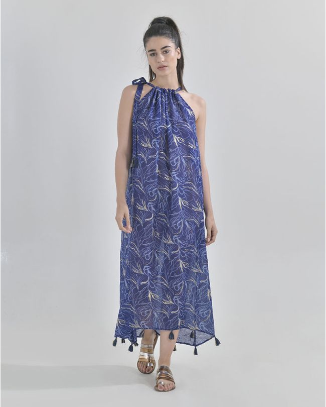 MAXI ΦΟΡΕΜΑ HALTER ΣΕ ΜΠΛΕ (100% COTTON)