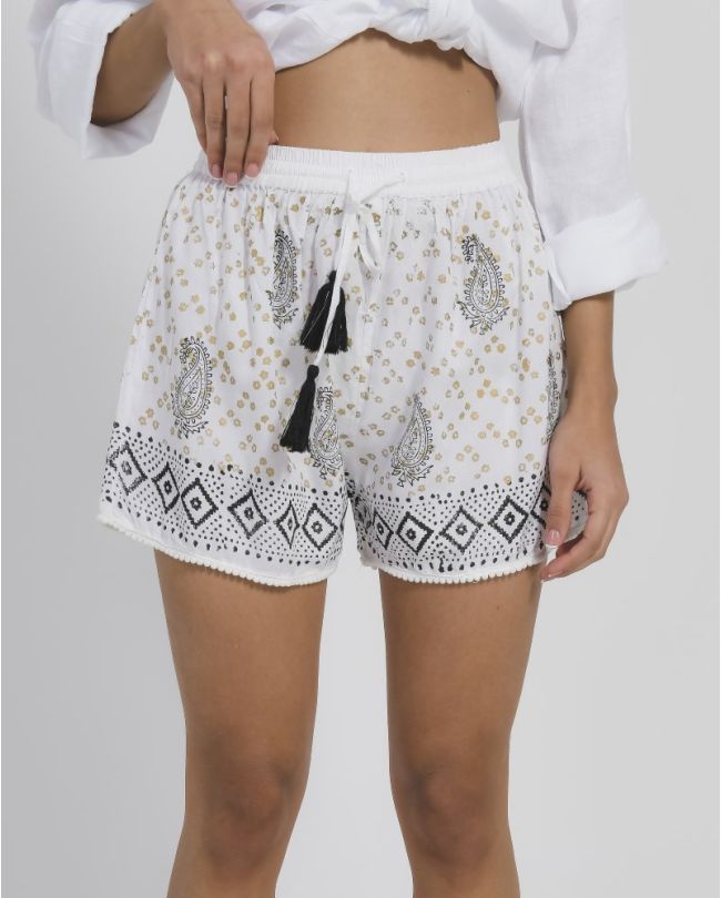 SHORTS IN WHITE/BLΑCK COLOR WITH PRINTS M (100 % RAYON)