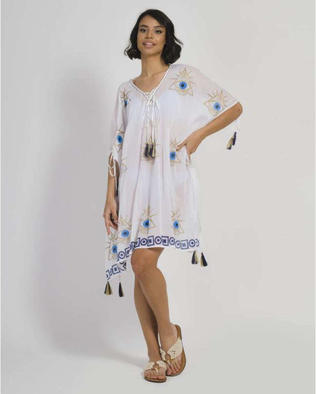 KAFTAN WHITE WITH EYES ONE SIZE (100% COTTON)
