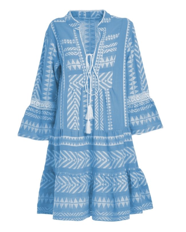 KAFTAN/DRESS IN BLUE COLOR WITH WHITE EMBROIDERY ONE SIZE (100% COTTON)