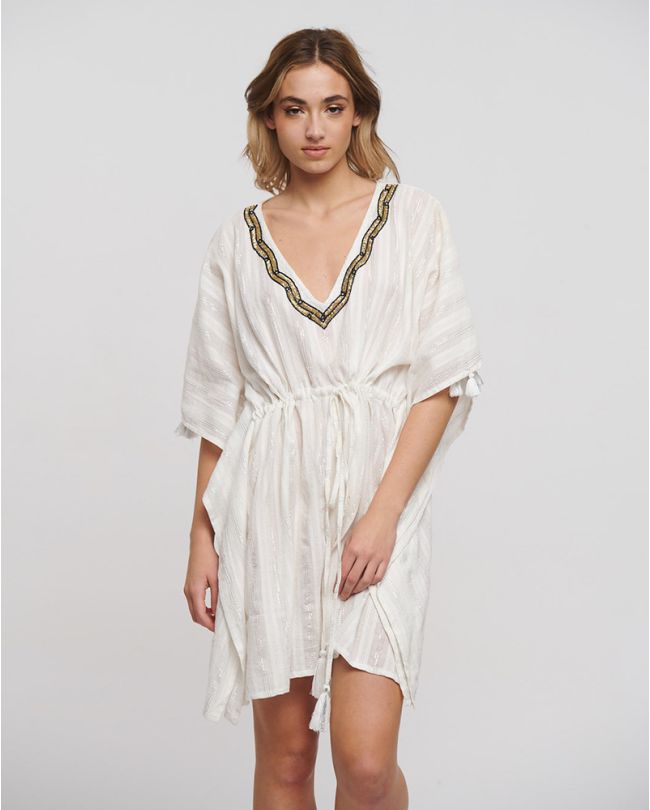 KAFTAN IN WHITE/GOLDEN COLOR ONE SIZE (100% COTTON)