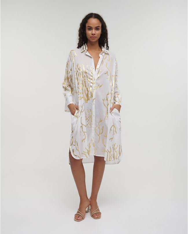 KAFTAN/SHΙRT IN WHITE/GOLD COLOR WITH CORALS ONE SIZE (100% COTTON)