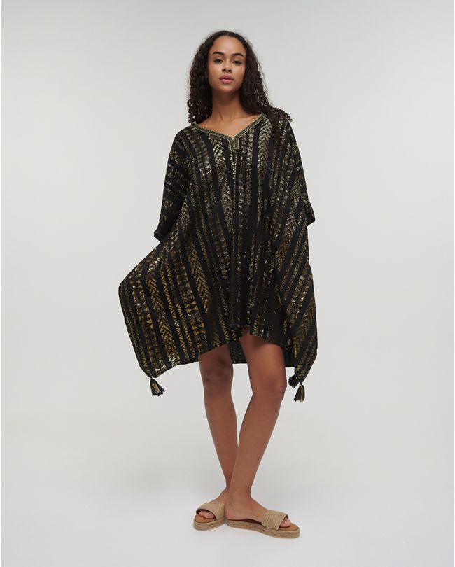 KAFTAN IN BLACK COLOR WITH GOLD DETAILS ONE SIZE (100% COTTON)