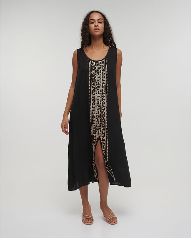 LONG SLEEVELESS DRESS IN BLACK COLOR WITH GOLD DETAILS ONE SIZE (100% VISCOSE)