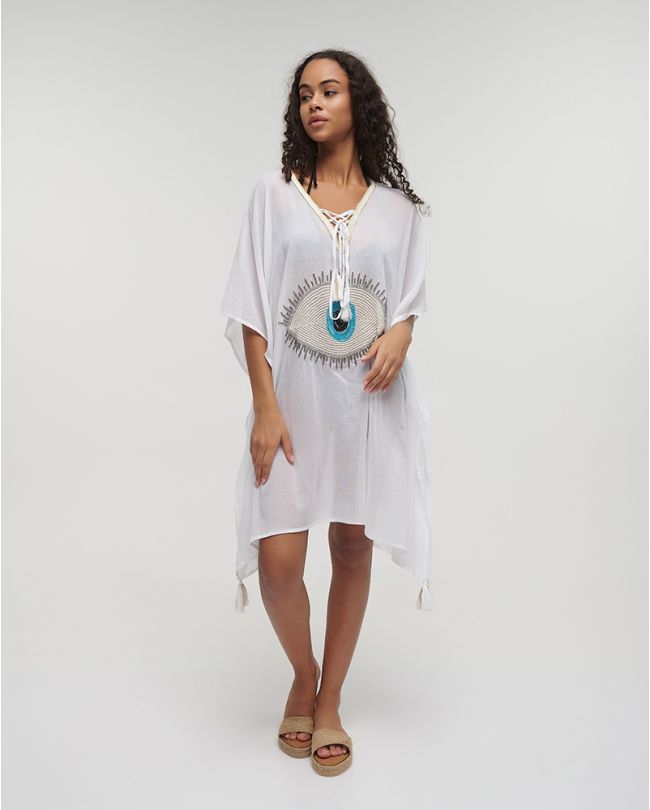 KAFTAN ''EYE'' IN WHITE COLOR ONE SIZE (100% COTTON)