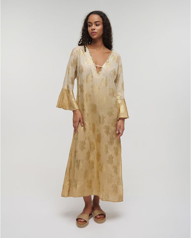 LONG KAFTAN IN BEIGE COLOR WITH GOLD CORALS ONE SIZE (100% COTTON)