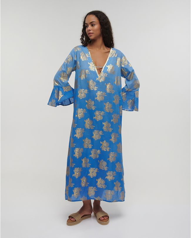 ΚΑΦΤΑΝΙ ΜΑΚΡΥ ΜΠΛΕ ΜΕ ΧΡΥΣΑ ΚΟΡΑΛΙΑ ONE SIZE (100% COTTON)