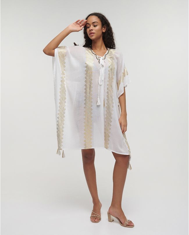 KAFTAN IN WHITE COLOR WITH GOLD DETAILS ONE SIZE (100% COTTON)