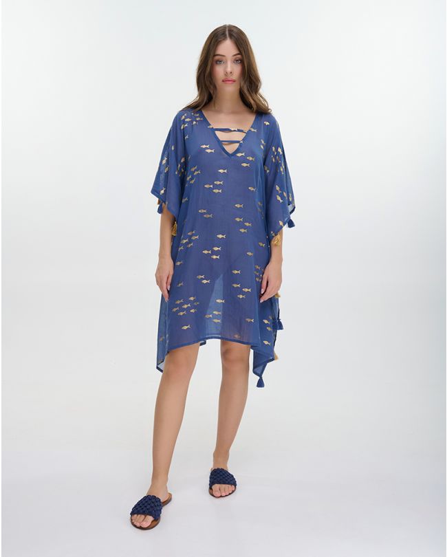 KAFTAN IN BLUE COLOR WITH SILVER FISHES ONE SIZE (100% COTTON)