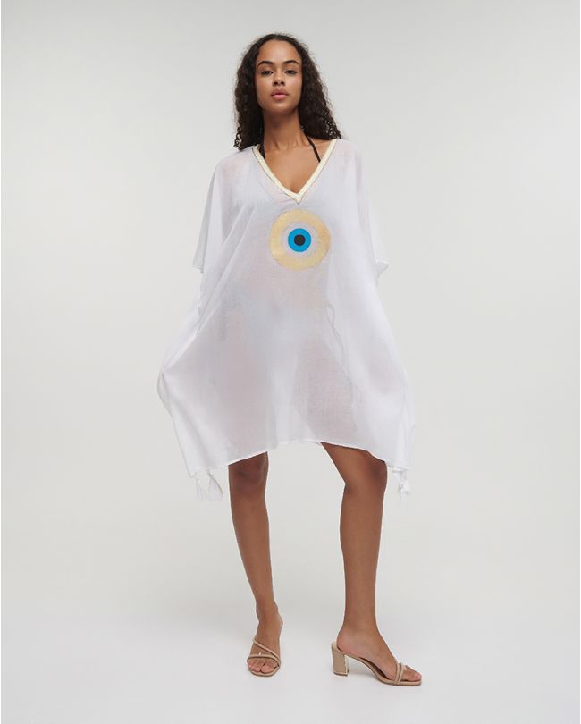 KAFTAN IN WHITE COLOR WITH GOLD EYE ONE SIZE (100% COTTON)