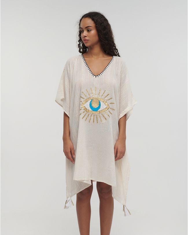 KAFTAN IN WHITE COLOR WITH GOLD/BLUE EYE ONE SIZE (100% COTTON)