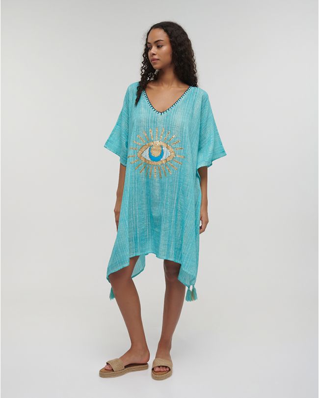 KAFTAN IN TURQUOISE COLOR WITH GOLD/BLUE EYE ONE SIZE (100% COTTON)