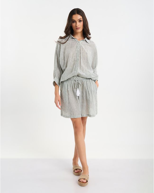 S/2 ΠΟΥΚΑΜΙΣΟ ΚΑΙ ΣΟΡΤΣΑΚΙ ΛΕΥΚΟ/ΓΚΡΙ ΜΕ ΡΙΓΕΣ ΚΑΙ ΚΕΝΤΗΜΑ ΣΤΗ ΠΛΑΤΗ ONE SIZE (100% COTTON)