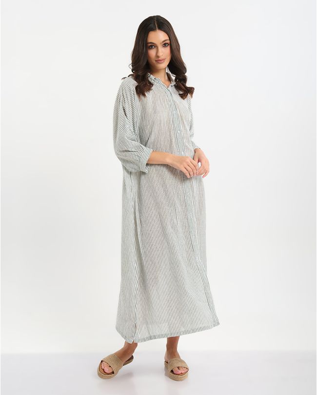 ΠΟΥΚΑΜΙΣΑ ΜΑΚΡΙΑ ΛΕΥΚΟ/ΓΚΡΙ ΜΕ ΡΙΓΕΣ ΚΑΙ ΚΕΝΤΗΜΑ ΣΤΗ ΠΛΑΤΗ ONE SIZE (100% COTTON)