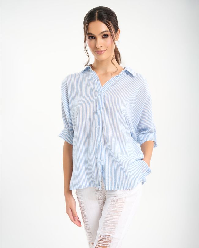 ΠΟΥΚΑΜΙΣΑ ΛΕΥΚΟ/ΜΠΛΕ ΜΕ ΡΙΓΕΣ ΚΑΙ ΚΕΝΤΗΜΑ ΣΤΗ ΠΛΑΤΗ ONE SIZE (100% COTTON)