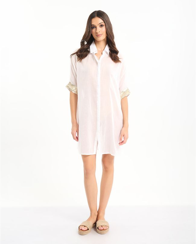 SHIRT/KAFTAN IN WHITE COLOR WITH GOLD SEQUINS ONE SIZE (100% COTTON)