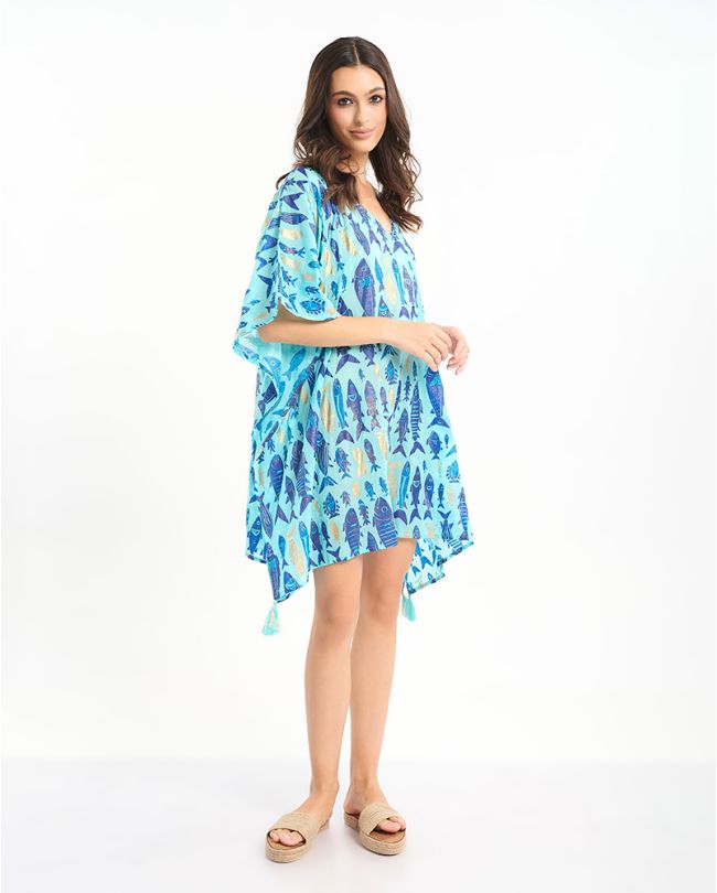 KAFTAN IN TURQUOISE COLOR WITH BLUE AND GOLD FISH ONE SIZE (100% COTTON)