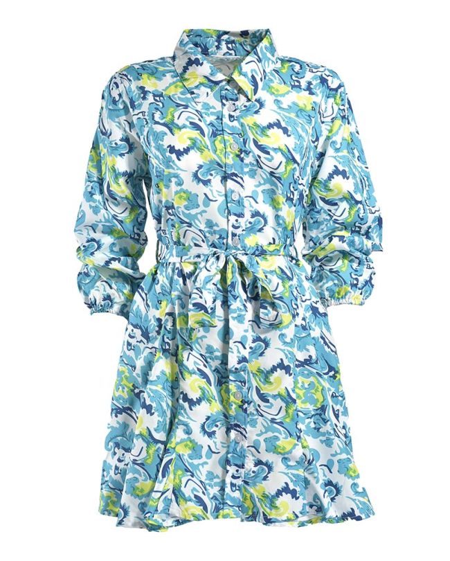 SHORT DRESS WITH LONG SLEEVES AND BELT ΙΝ TURQUOISE/YELLOW COLOR ONE SIZE ( POLYCOTTON)