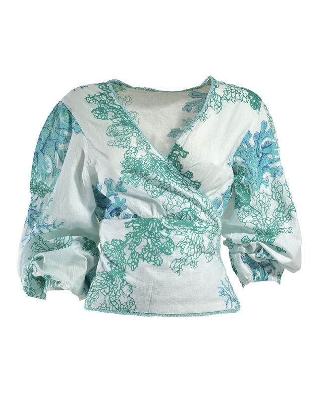 SHIRT WITH LONG SLEEVES IN WHITE COLOR WITH GREEN CORALS ONE SIZE (100% COTTON)