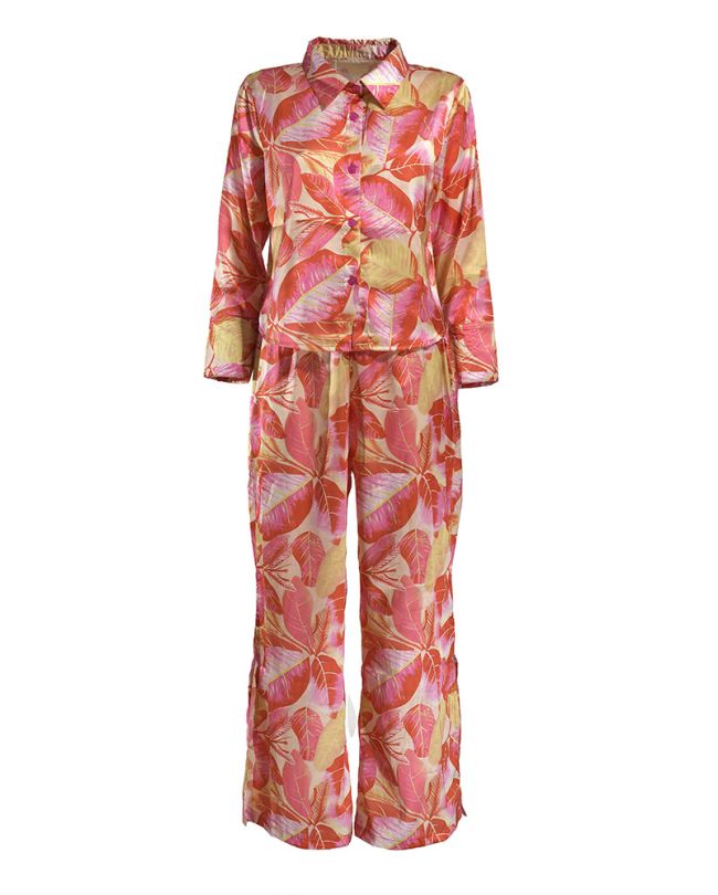 S/2 SHIRT AND PANTS IN PINK/RED/YELLOW COLOR WITH LEAVES ONE SIZE ( POLYCOTTON)