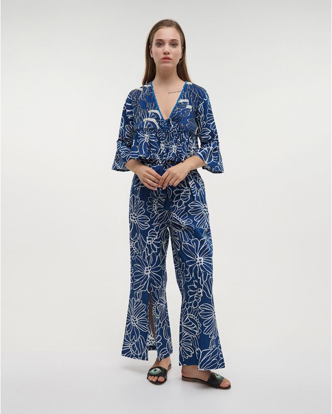 S/2 CROP TOP AND PANTS IN BLUE/WHITE COLOR ONE SIZE(100% COTTON)