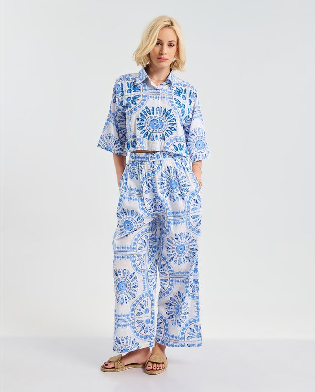 S/2 ΠΟΥΚΑΜΙΣΟ ΚΑΙ ΠΑΝΤΕΛΟΝΙ ΛΕΥΚΟ/ΜΠΛΕ ONE SIZE (100% COTTON)