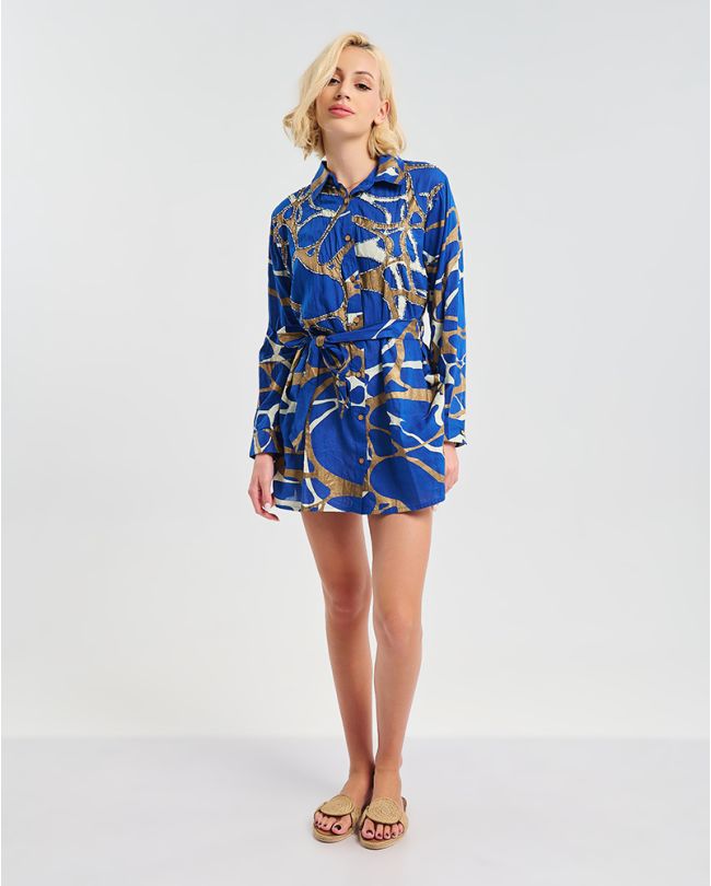 ΦΟΡΕΜΑ ΚΟΝΤΟ ΜΕ ΓΙΑΚΑ ΣΕ ΣΚΟΥΡΟ ΜΠΛΕ ΜΕ ΚΑΦΈ/ΛΕΥΚΕΣ ΛΕΠΤΟΜΕΡΕΙΕΣ ONE SIZE ( 100% COTTON)