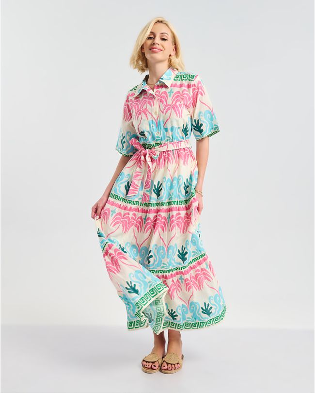 ΦΟΡΕΜΑ ΜΑΚΡΥ ME 3/4 MANIKI ΣΕ ΛΕΥΚΌ ΜΕ ΠΟΛΥΧΡΩΜΕΣ ΛΕΠΤΟΜΕΡΕΙΕΣ ONE SIZE ( 100% COTTON)