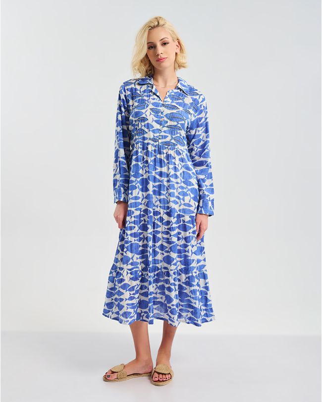 ΦΟΡΕΜΑ ΜΑΚΡΥ ΜΕ ΓΙΑΚΑ ΚΑΙ ΜΑΚΡΥ ΜΑΝΙΚΙ ΜΠΛΕ/ΛΕΥΚΌ ΜΕ ΣΧΕΔΙΑ ONE SIZE ( 100% COTTON)