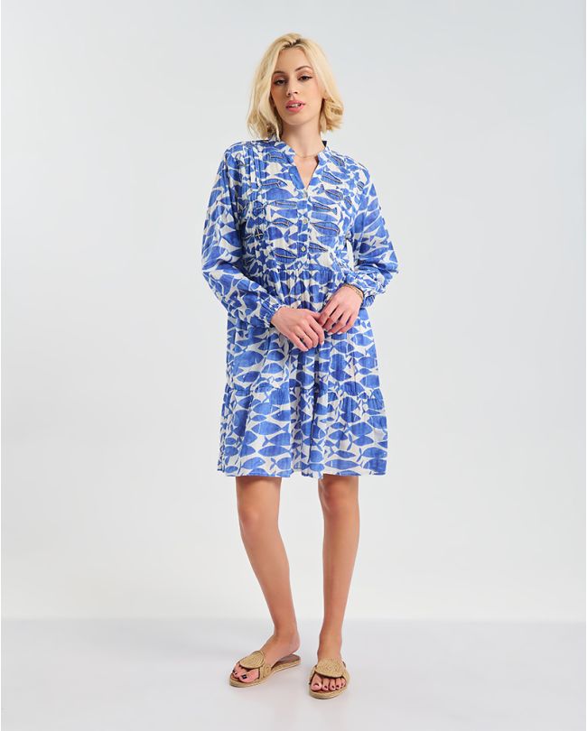 ΦΟΡΕΜΑ KONTO ΜΕ  ΜΑΚΡΥ ΜΑΝΙΚΙ ΜΠΛΕ/ΛΕΥΚΌ ΜΕ ΣΧΕΔΙΑ ONE SIZE ( 100% COTTON)