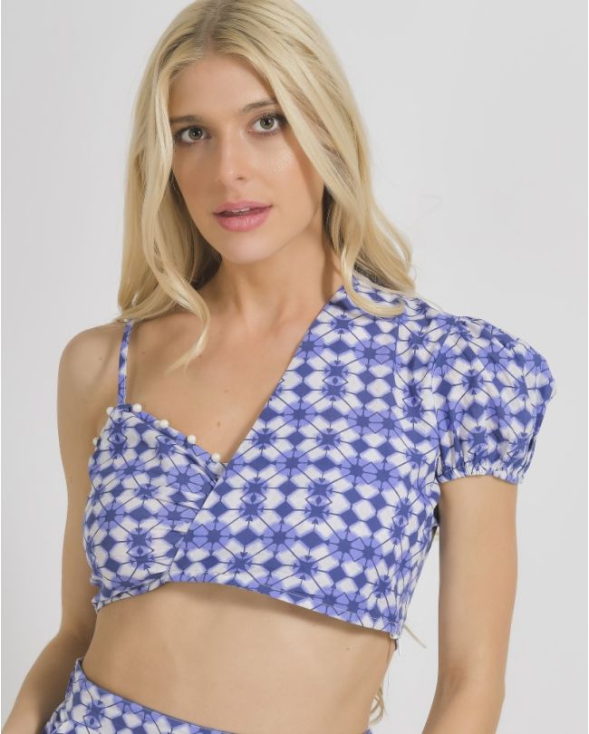 CROP TOP IN BLUE/WHITE COLOR WITH PEARLS ONE SIZE (100% COTTON)