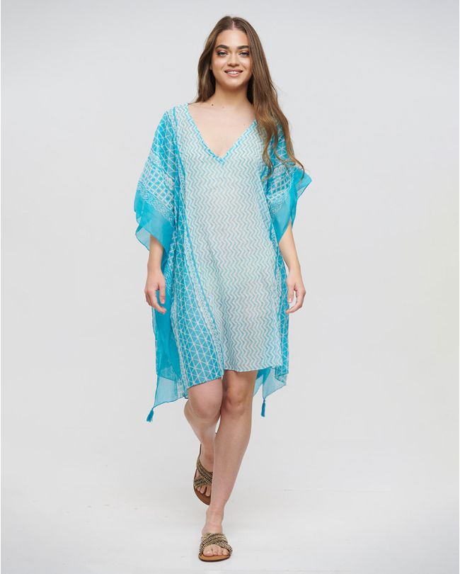 PRINTED KAFTAN IN TURQUOISE/WHITE COLOR ONE SIZE (100% COTTON)