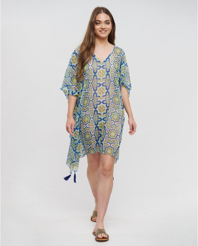 PRINTED KAFTAN IN BLUE/YELLOW/WHITE COLOR ONE SIZE (100% COTTON)