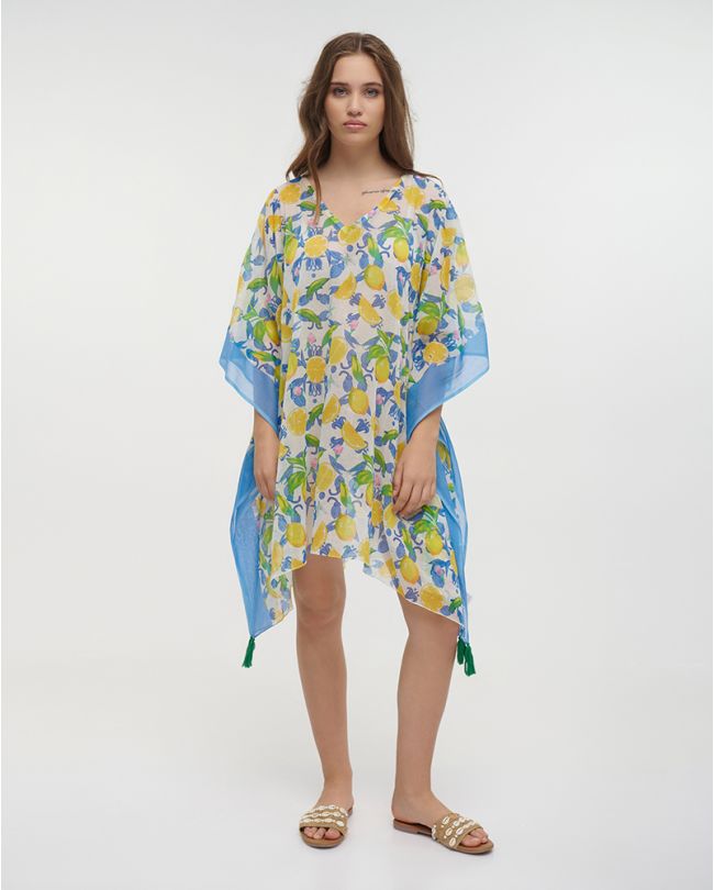 KAFTAN IN WHITE/BLUE COLOR WITH LEMONS ONE SIZE (100% COTTON)