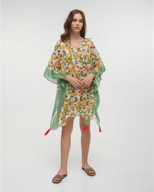 KAFTAN IN WHITE/GREEN COLOR WITH ORANGES ONE SIZE (100% COTTON)