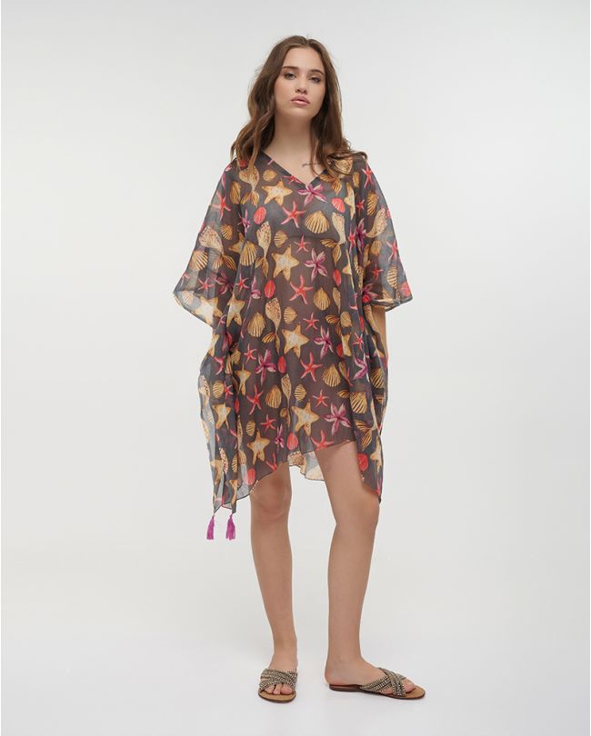 KAFTAN IN GREY COLOR WITH SEASHELLS ONE SIZE (100% COTTON)
