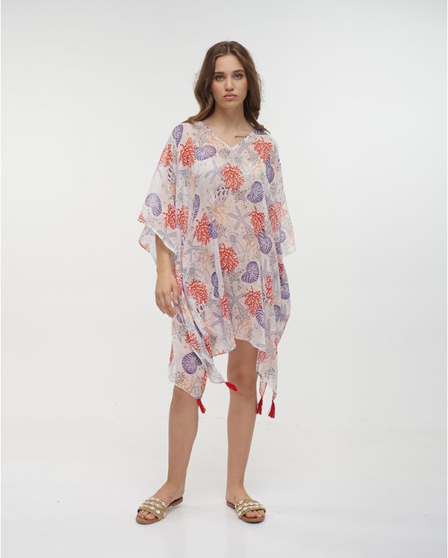 KAFTAN IN WHITE/BLUE COLOR WITH SEASHELLS ONE SIZE (100% COTTON)