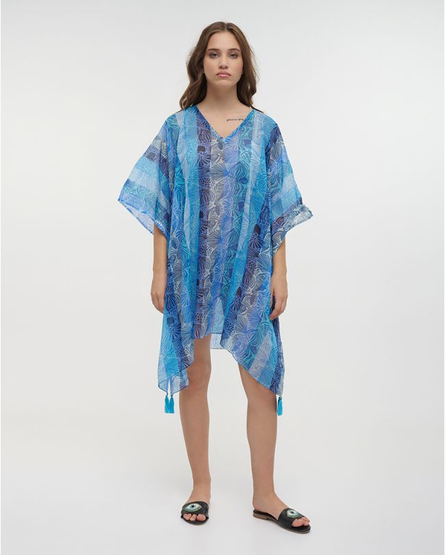 KAFTAN IN BLUE/TURQUOISE COLOR WITH SEASHELLS ONE SIZE (100% COTTON)