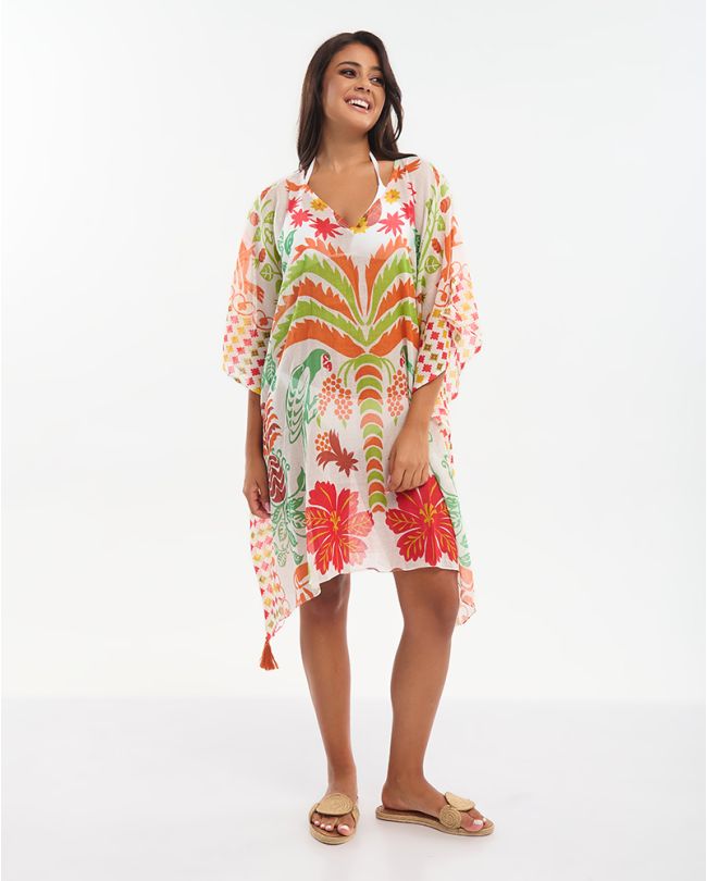 KAFTAN MULTICOLOR WITH PARROTS ONE SIZE (100% COTTON)