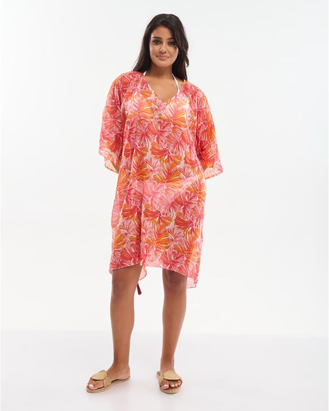 KAFTAN IN ORANGE/PINK COLOR WITH LEAVES ONE SIZE (100% COTTON)