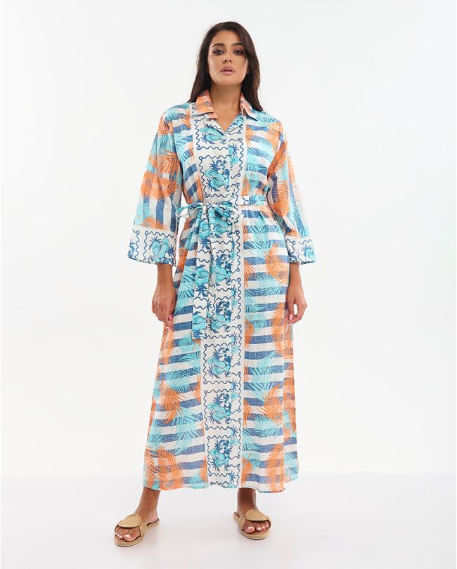 LONG SHIRT WITH BELT IN ORANGE/LIGHT BLUE COLOR WITH LEAVES ONE SIZE (100% COTTON)