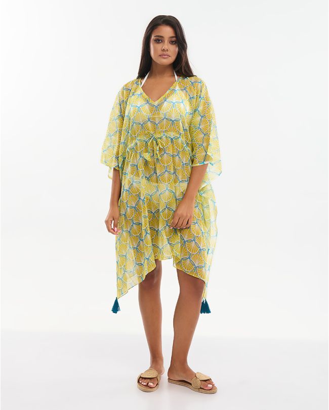 KAFTAN WITH BELT IN YELLOW/LIGHT BLUE COLOR ONE SIZE (100% COTTON)