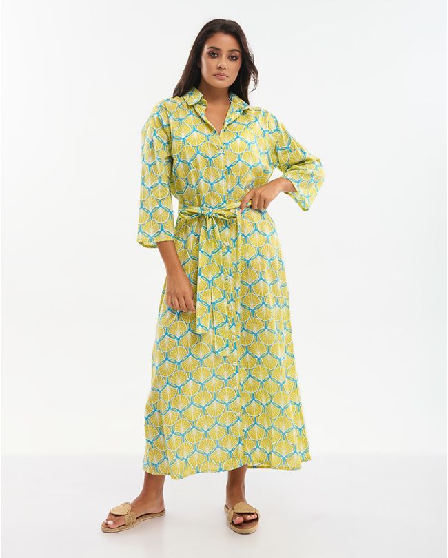 LONG SHIRT WITH BELT IN YELLOW/LIGHT BLUE COLOR ONE SIZE (100% COTTON)