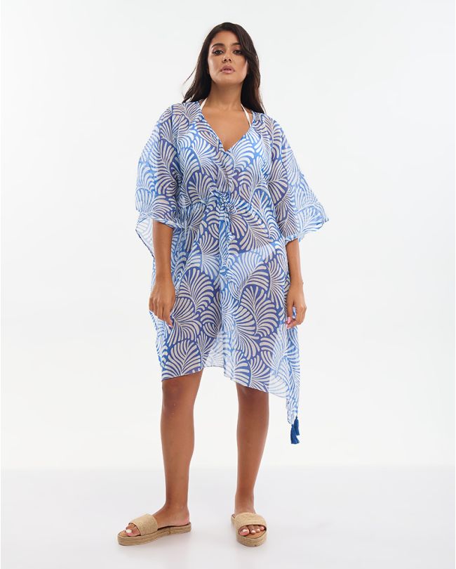 KAFTAN WITH BELT IN BLUE/WHITE COLOR ONE SIZE (100% COTTON)