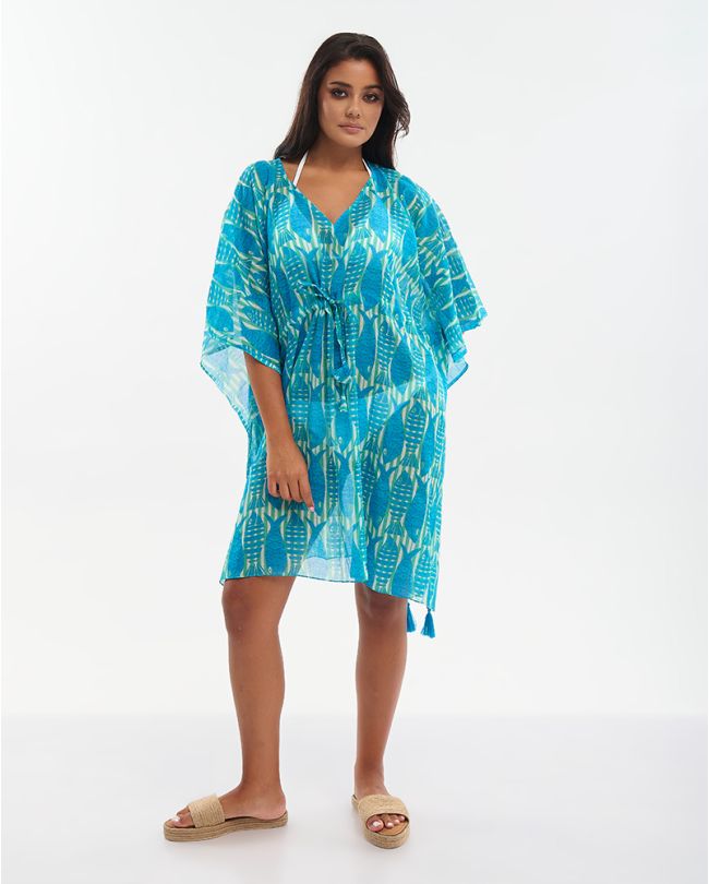 KAFTAN WITH BELT IN BLUE COLOR ''FISH'' ONE SIZE (100% COTTON)