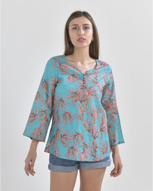 TIRQUOISE SHIRT WITH RED CORALS S/M (100% COTTON)