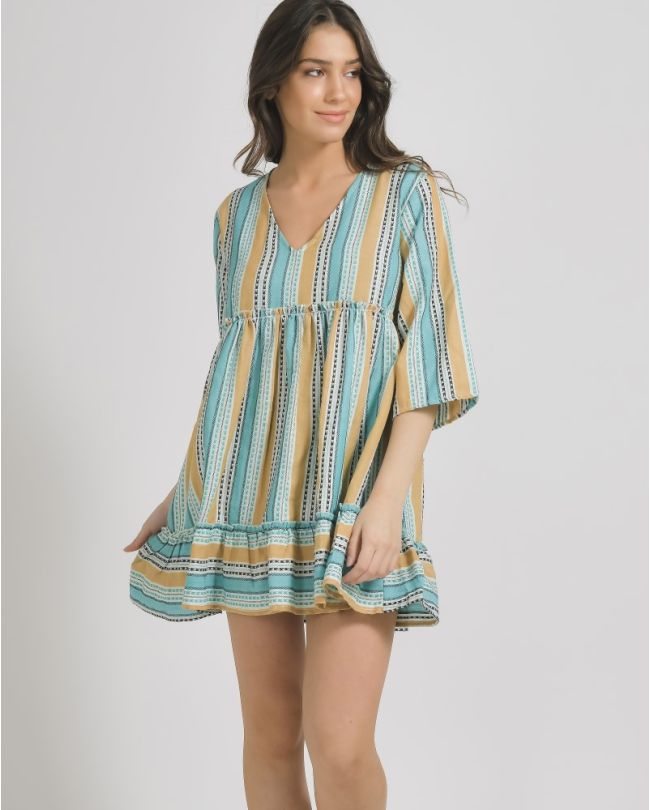 DRESS IN BEIGE/VERAMAN COLOR WITH PRINTS ΟΝΕ SIZE(100% COTTON)